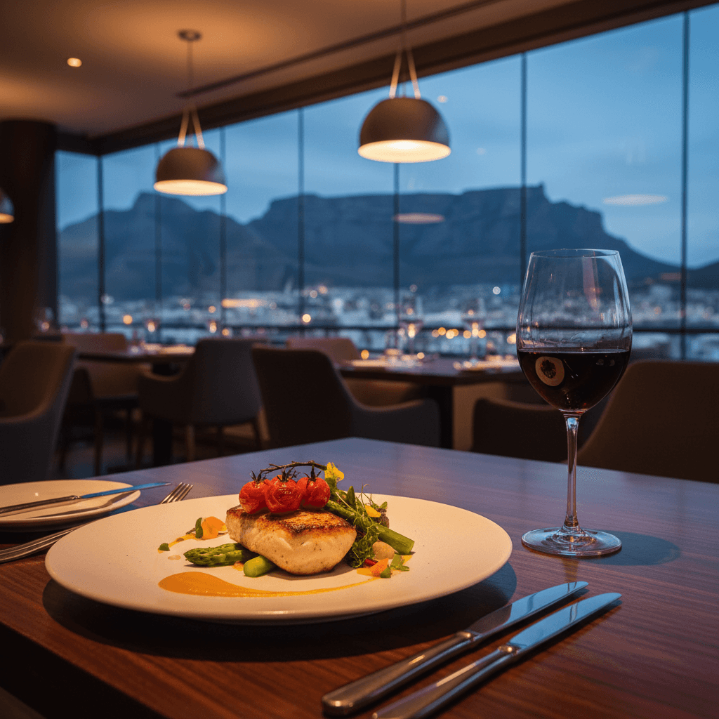 Seared fish with vegetables and red wine at a restaurant overlooking Table Mountain at dusk.