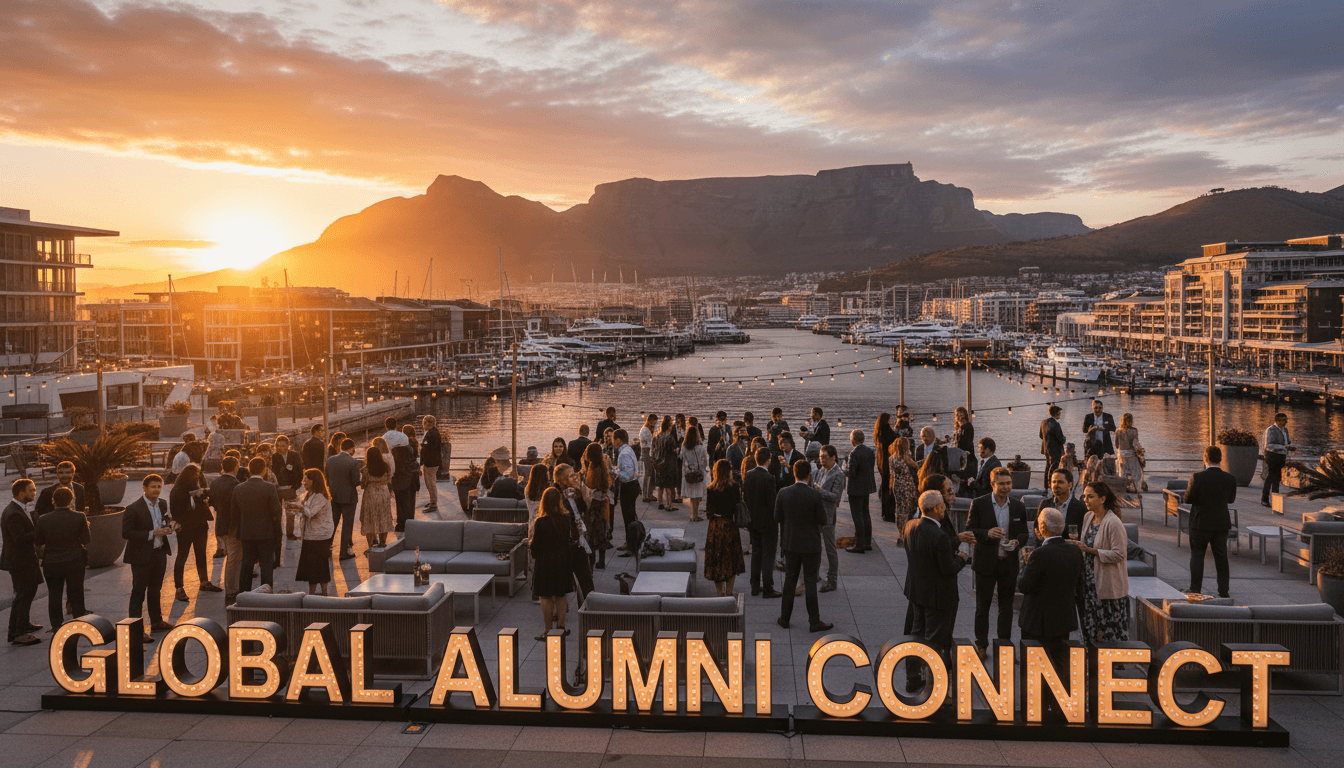 Cape Town waterfront with Table Mountain backdrop and international alumni gathering