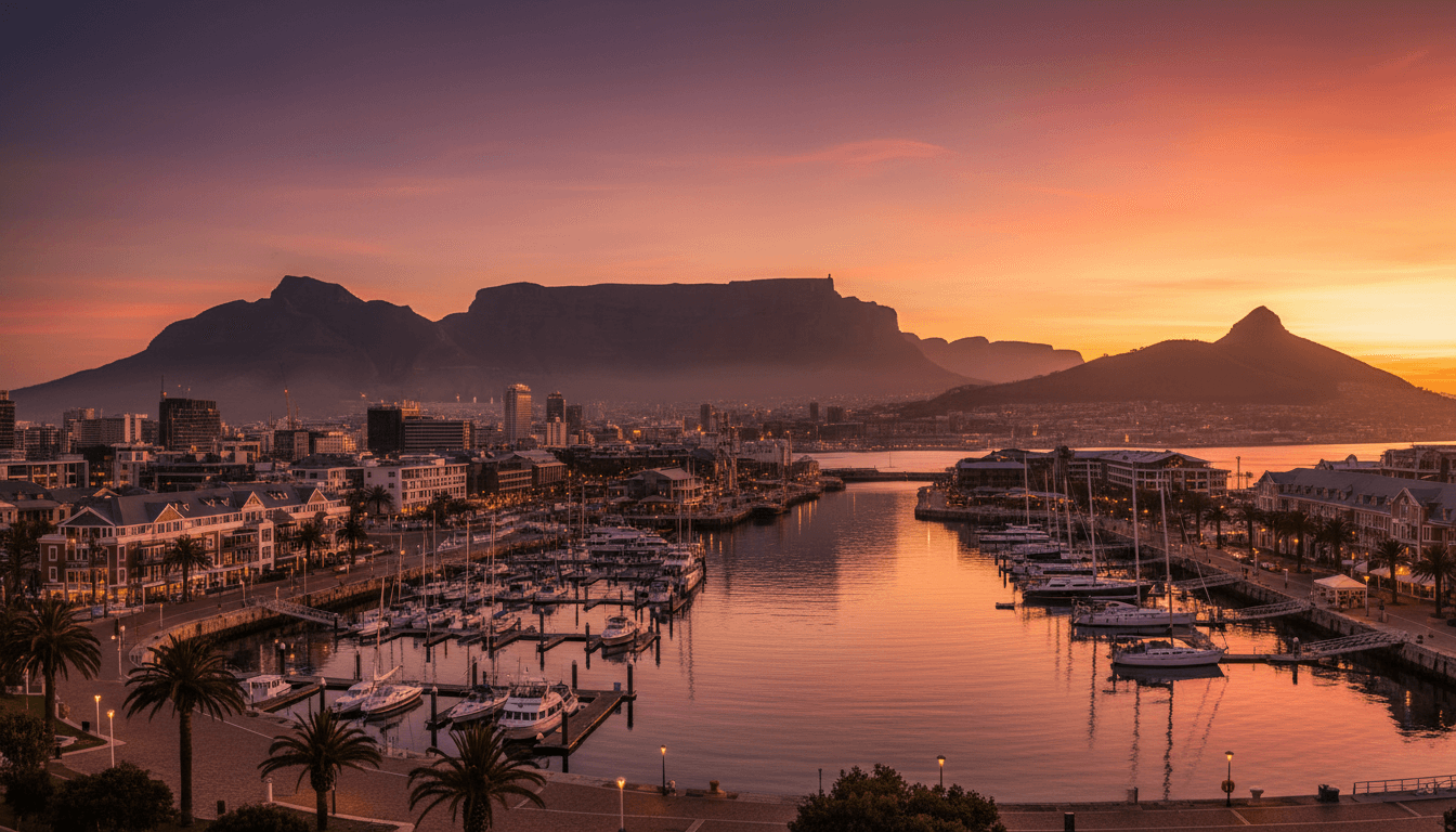 Cape Town waterfront at sunset with Table Mountain backdrop