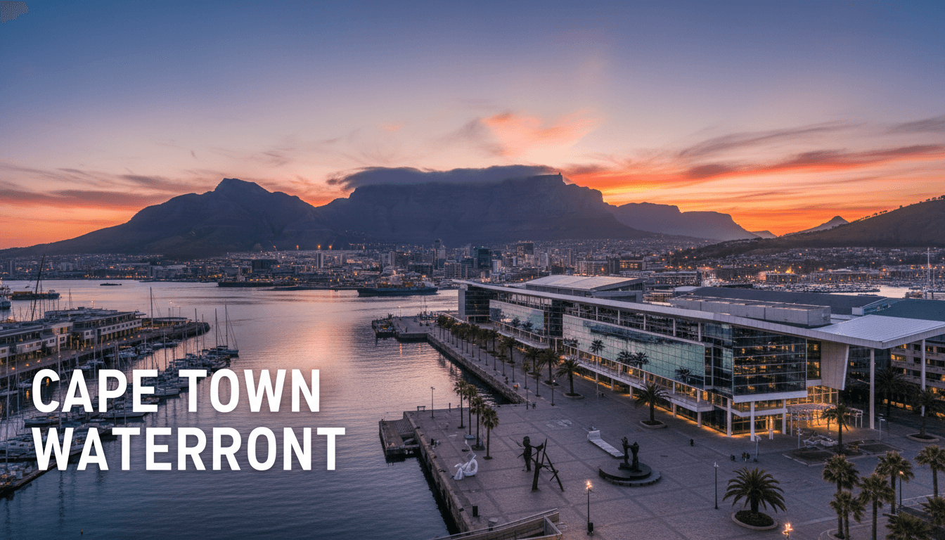 Cape Town waterfront with Table Mountain backdrop and modern conference center overlooking the harbor